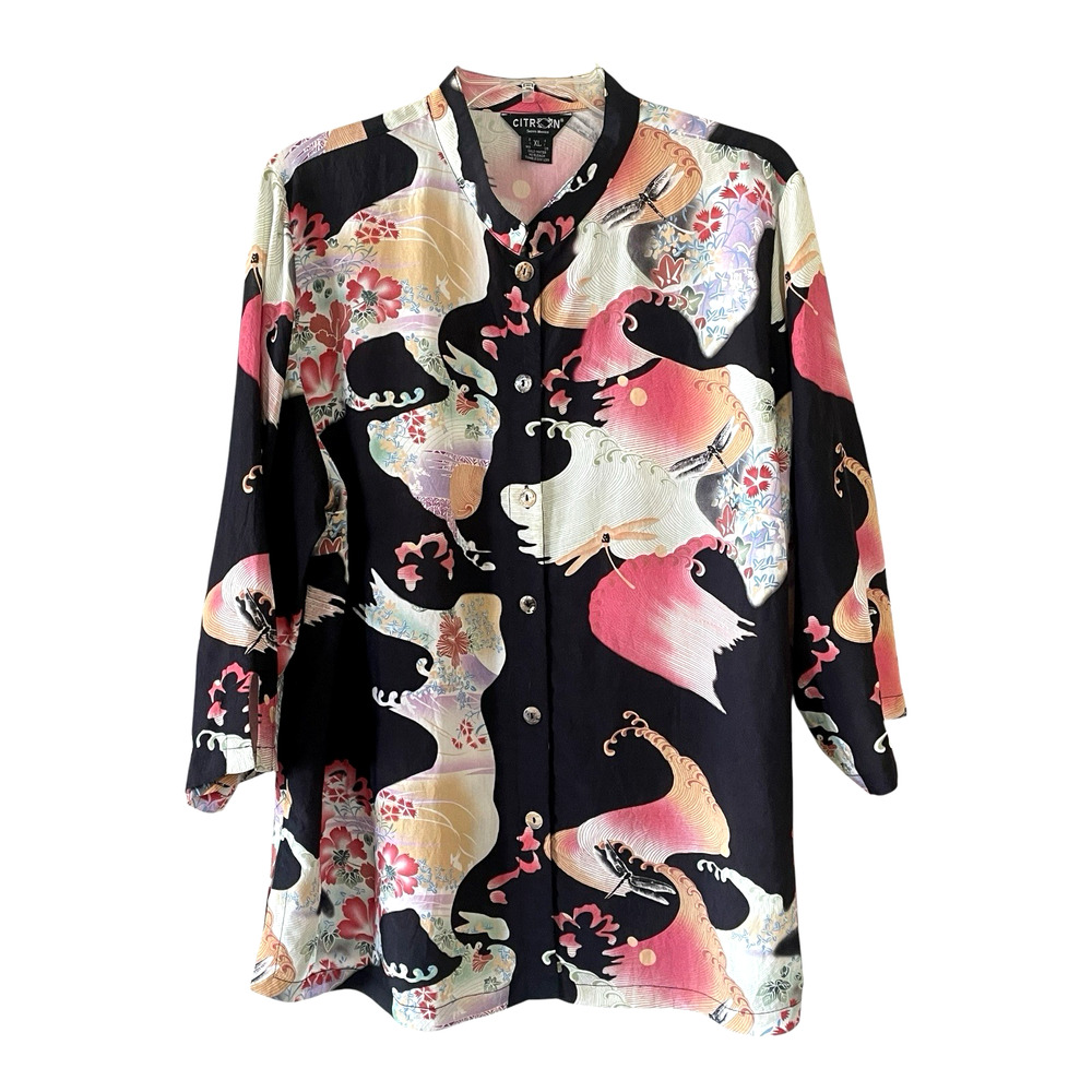 CITRON SANTA MONICA Size XL Dragonfly Print Mandarin Button-Up 3/4 Sleeve Tunic